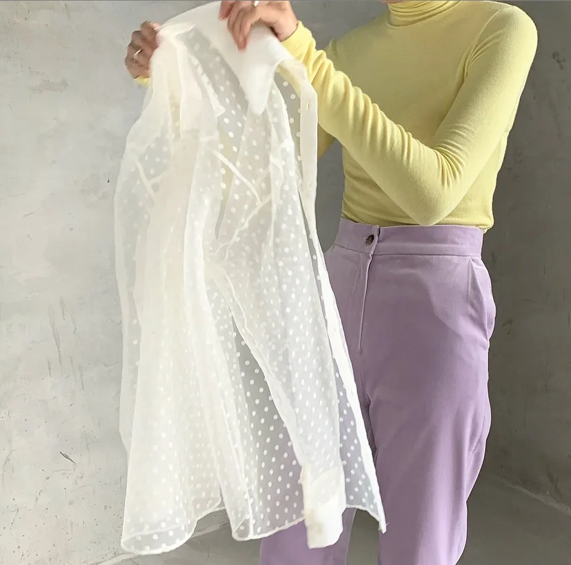 

HziriP Long Sleeve Dot Blouse Bottoming Shirt Blusas Mujer De Moda 2021 New OL Work Wear Elegant Mesh See-through Women Shirts