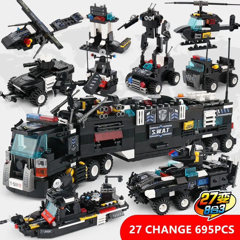 

695Pcs City SWAT Police Command Truck Car Model Building Block Sets DIY Creator Bricks Kit Educational Toys for Boys