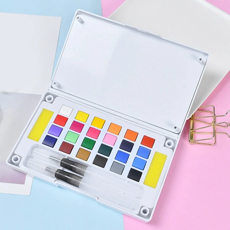 

24 Colors Portable Watercolor Painting Solid Pigment Paint Set Includes Water Brushes Sponges Mixing Palette