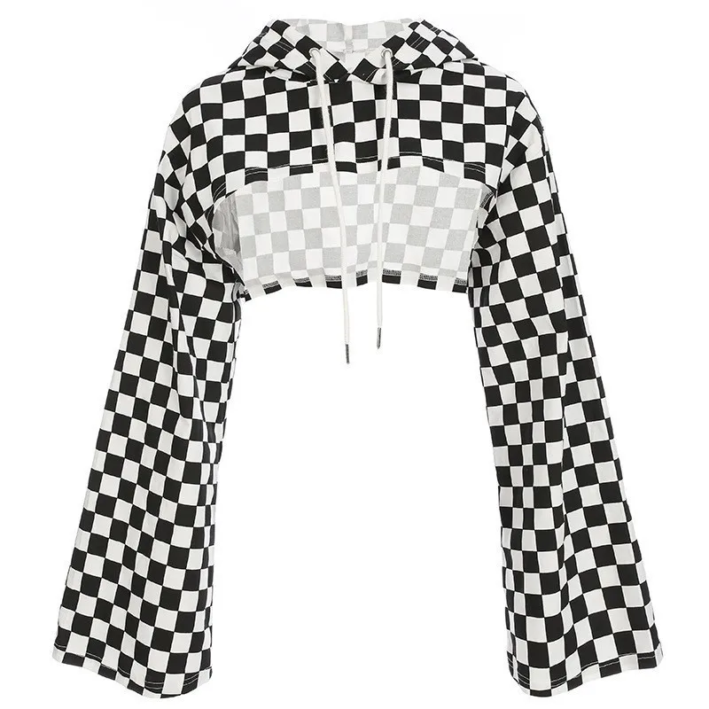 checkerboard TVVOVVIN, уличная одежда размера плюс, короткий топ с расклешенными рукавами, футболка, шахматная толстовка, женская футболка, летние топы для женщин Q313 - Цвет: checkerboard