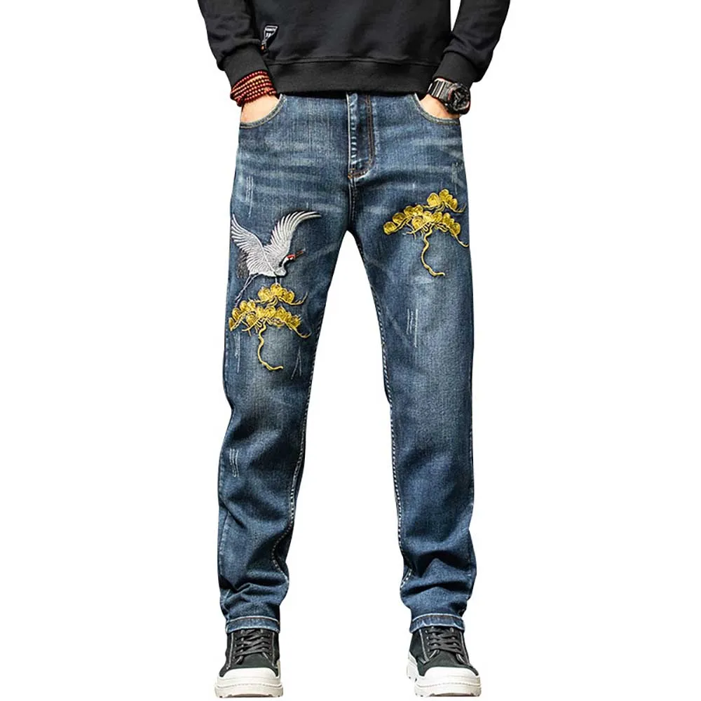 Men Fashion Embroidered Denim Straight Loose Baggy Pants Streetwear Casual Trousers Hiphop Plus Size Clothing