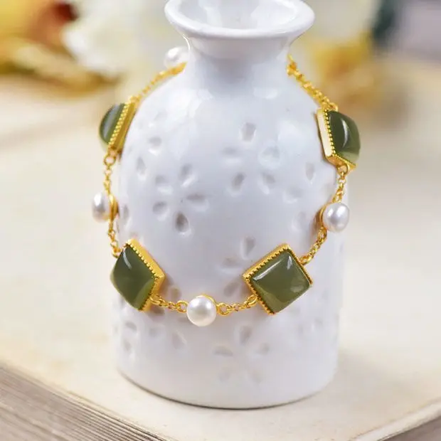 

new inlaid natural Hetian Chalcedony geometric pearl necklace with unique ancient gold craft charm of women's brand jewelry