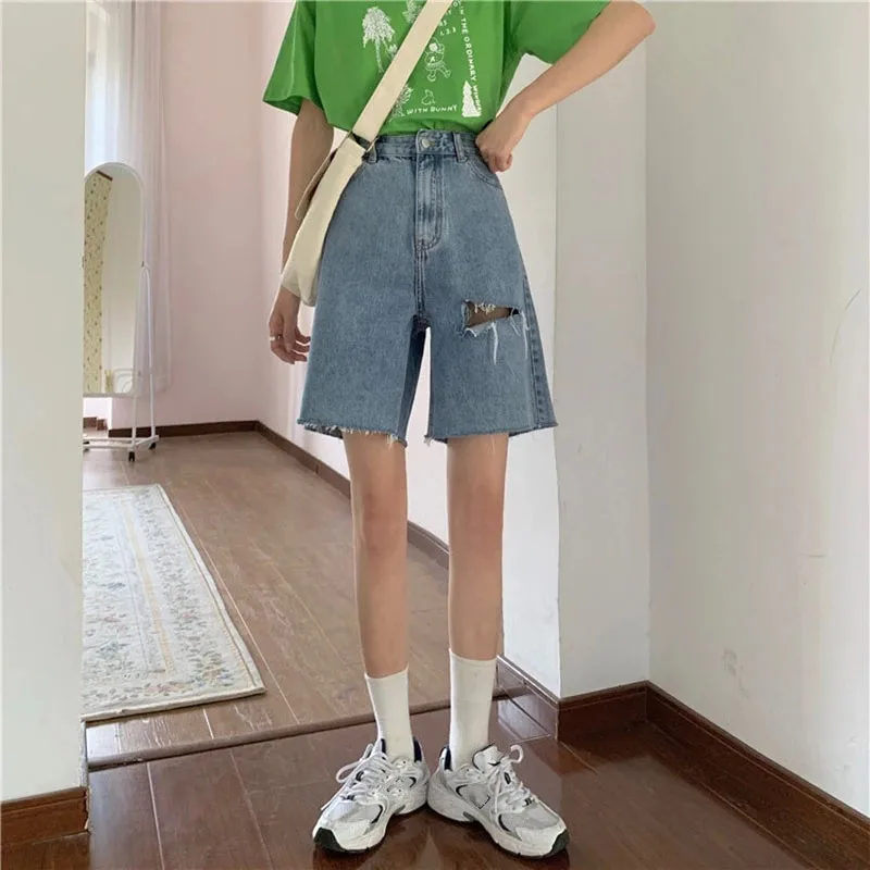 

Streetwear High Waist Denim Shorts For Women Summer 2021 New Korean Style Hole Fashion Wide Leg Loose Jean Shorts