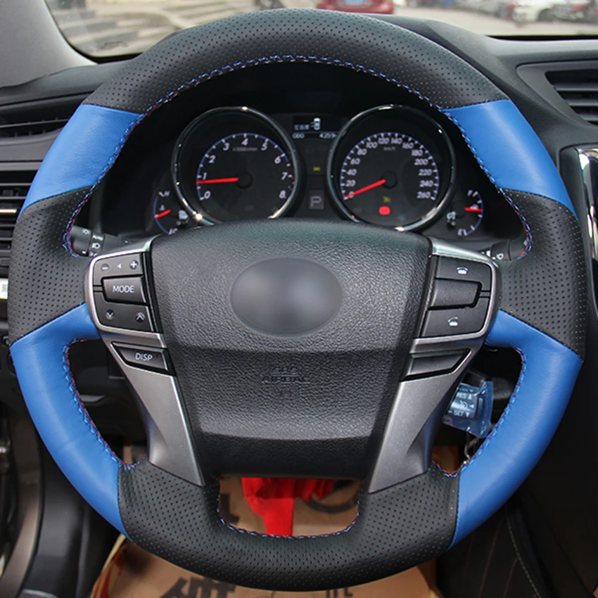 

Black Blue Leather DIY Hand- stitched Steering Wheel Cover for Toyota Reiz Mark X