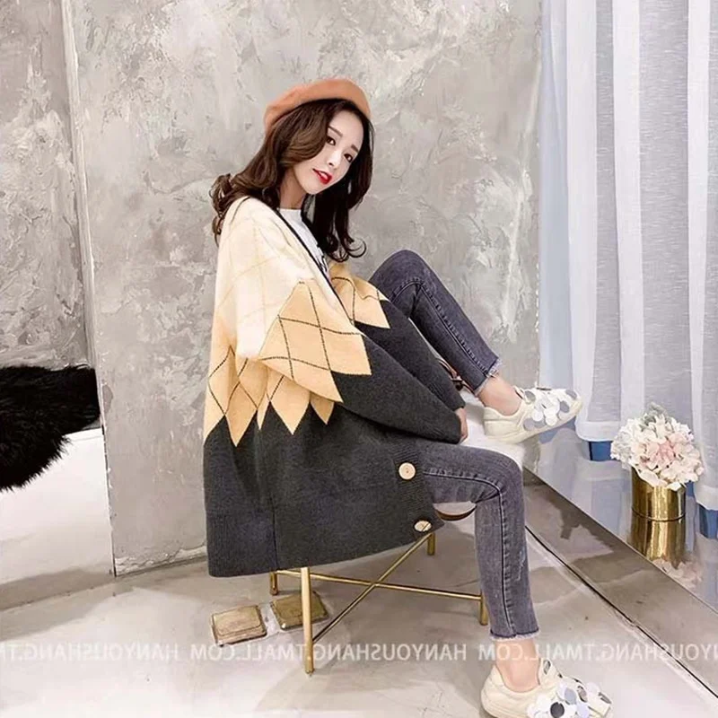 Графический свитер Caridgan мода 2019 Женская Осенняя зимняя винтажная Свободная