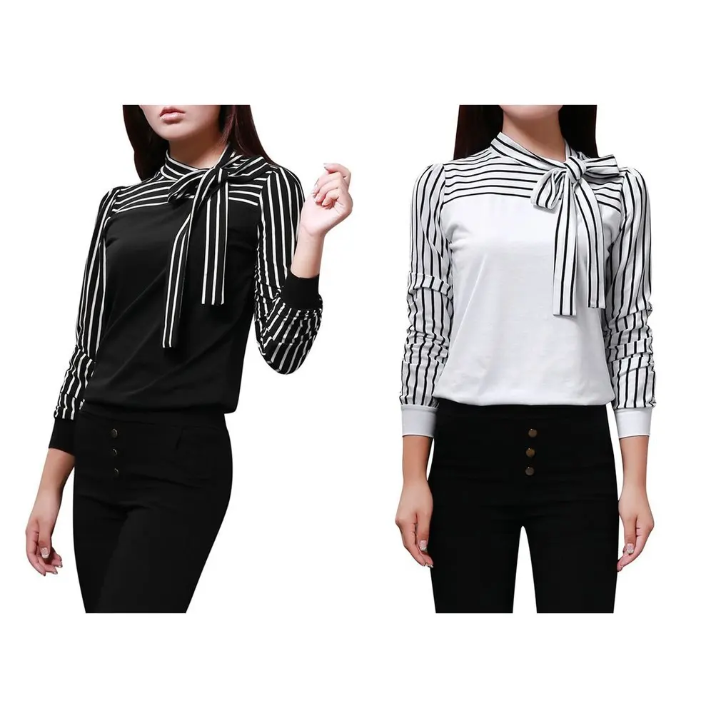 Женская шифоновая блузка в полоску винтажная с бантом и длинным рукавом летний