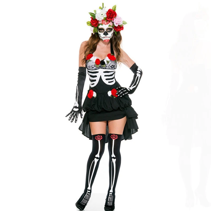 Lady Carnival Halloween Corpse Bride The Skeleton Costume Mexican Day Of Dead Outfit Cosplay Fancy Party Dress |
