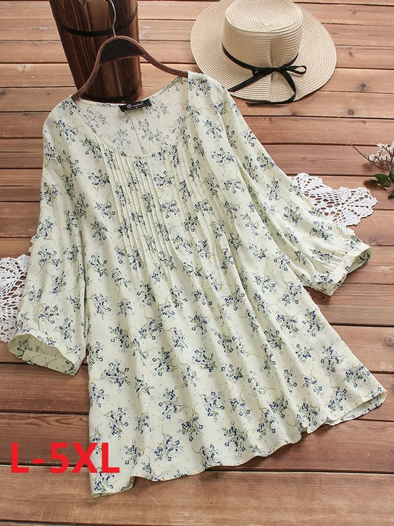 

2021 Spring Cotton Linen Womens Blouses County Style Print Casual Elegant O-Neck Blouse Shirt Casual Loose Tops OL Pullover Top