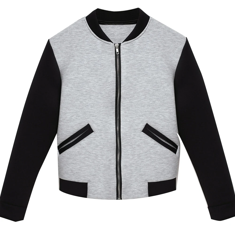 

Casual Women Autumn Color Block Zipper Pockets Loose Short Coat Varsity Jacket