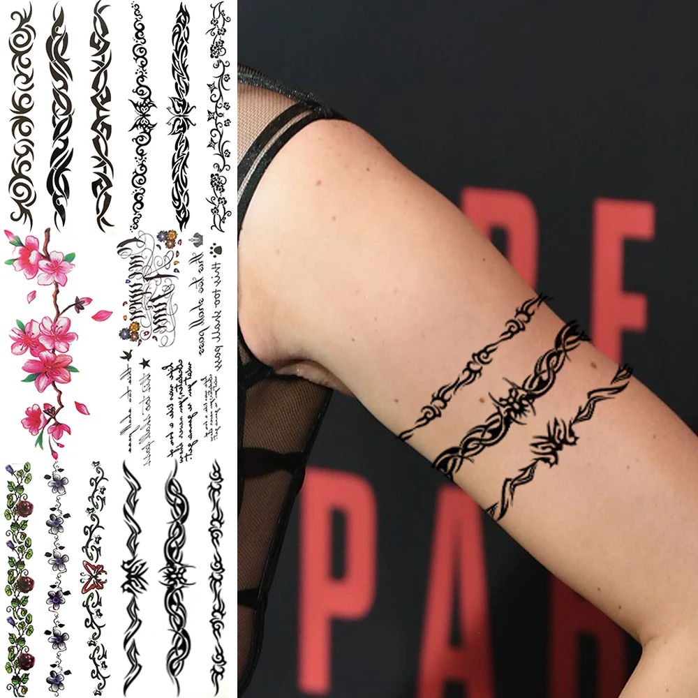 Tribal Indian Temporary Tattoos For Women Girls Realistic Totem Daffodil Flower Vine Fake Tattoo Sticker Thigh Waterproof Tatoos