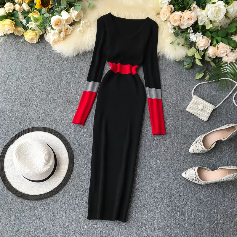 ALPHALMODA осеннее Новое винтажное вязаное платье женское цветное Элегантное зимнее платье с длинными рукавами вязаное платье-футляр