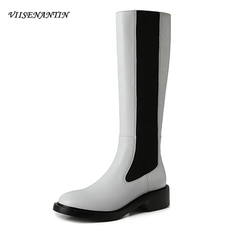 

British Style Stretch Boots 2021 Autumn Winter New Style Cowhide Round Toe Thick Heel High Tube Knee-length Casual Martin Boots