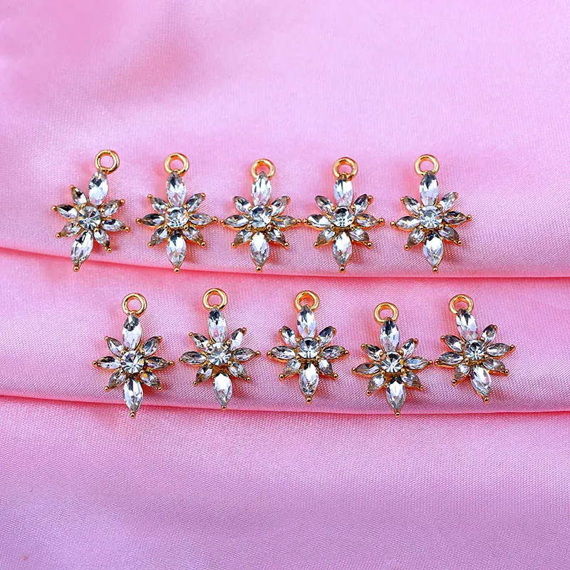 

10Pcs Gold Color Transparent Crystal Flowers Charm Shining Plant Pendant For DIY Jewelry Making Earring Accessories Wholesale