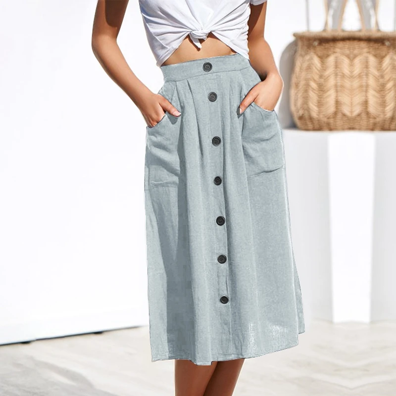 

Womens Midi Knee Length Button High Waist Skirt Female Pleated Skirt with Pocket