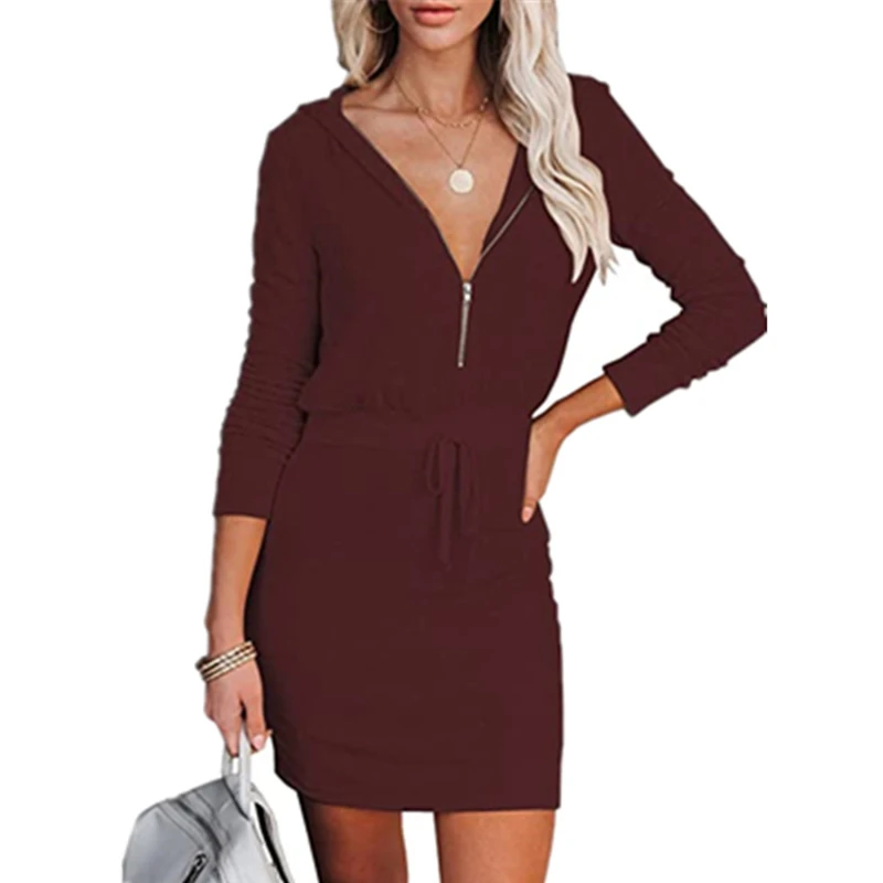 

Fashion Solid Dress V-Neck Women Zippers Dress Party Dresses Long Sleeve Swing Dress Vestidos Autumn Casual Clothing