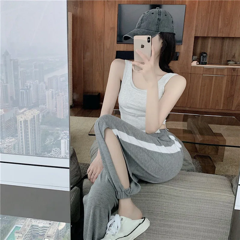 

Casual Summer Slim two piece womens Fashion O-Neck Sleeveless Dew belly crop tops+Elastic Waist Length pant split Solid sets