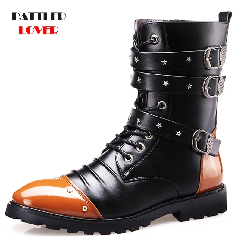 

Designer Leather Boots For Men Punk Style Motorcycle Boots Male Trend Rivet Fashion Jeans Boots Top Quality Brand Martin Boots
