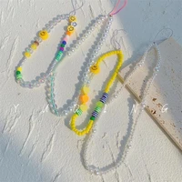 new ins bohemian multicolor soft pottery smiley face pearl beaded telephone lanyard acrylic womens mobile phone chain jewelry