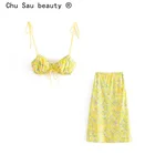 Костюм женский из двух предметов, сексуальный укороченный топ на подтяжках + юбка миди, топ с цветочным принтом и эластичной талией