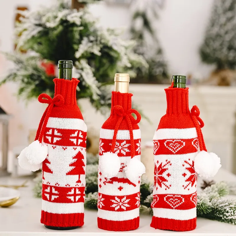

Wine Bottle Bag Christmas Red Wine Bottle Cover Xmas Dress Woven Bag Hat for Beer Bottle New Year Home Party Table Decoration