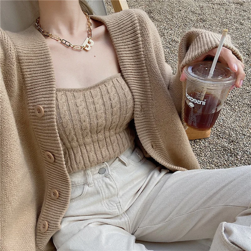 

Sexy Cardigan Bandeau 2 Piece Sweater Women 2021 Casual Single Button Knitted Sweaters Autumn Fashion Long Sleeve Clothing H195