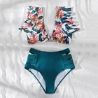 Женский купальный костюм с высокой талией, цветочным принтом и оборками