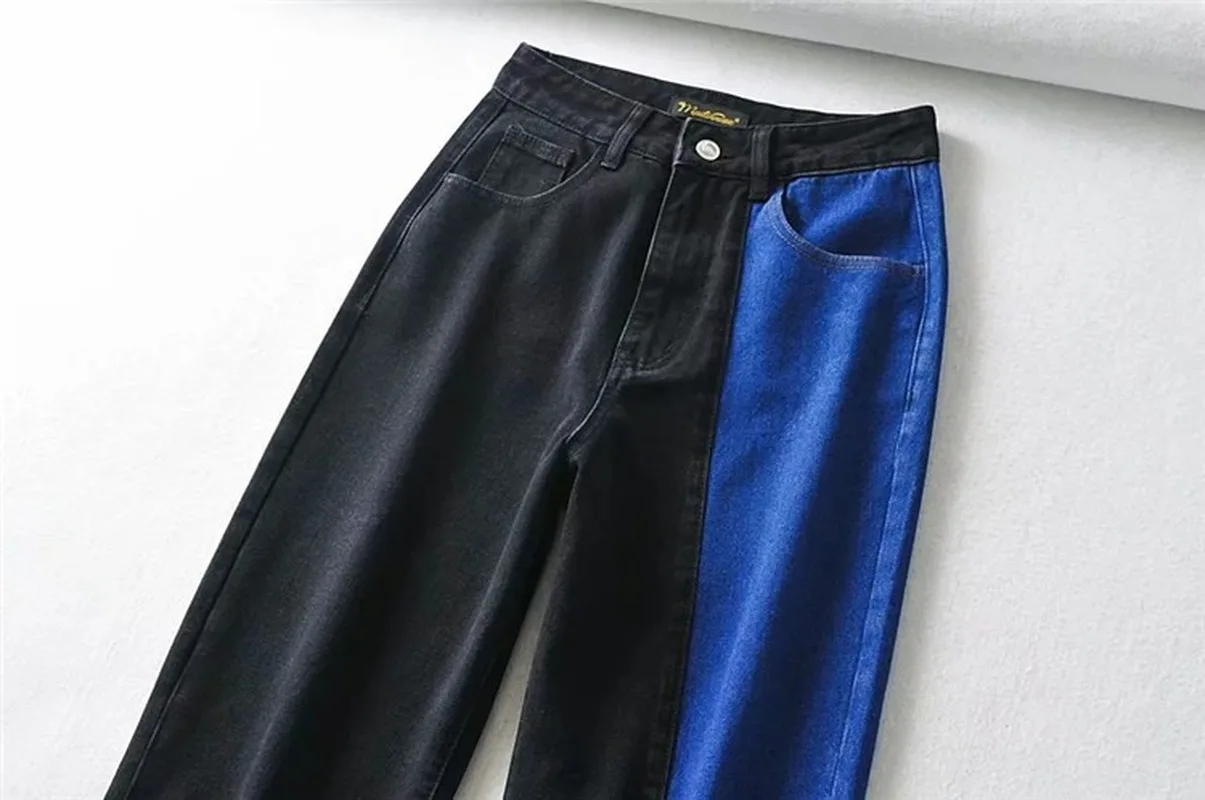

Contrast Color Spliced Jeans Women's Speing 2021 New High Waist Straight Tube Female Denim Pants Tide Wide-legged pants