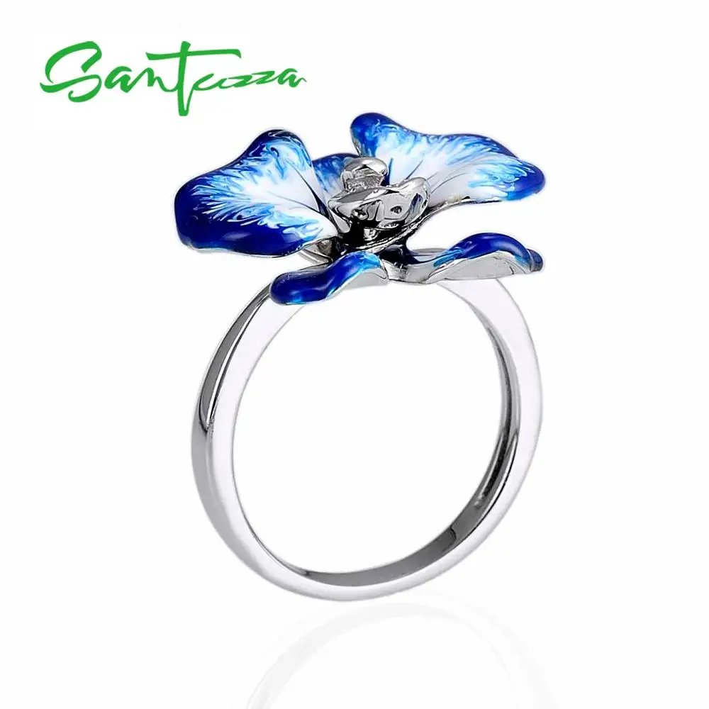 Серебряное кольцо для женщин SANTUZZA, 925 пробы, серебряное, фиолетовое, Цветущий цветок, кольцо с кубическим цирконием, вечерние, шикарные ювелирные изделия ручной работы, эмаль