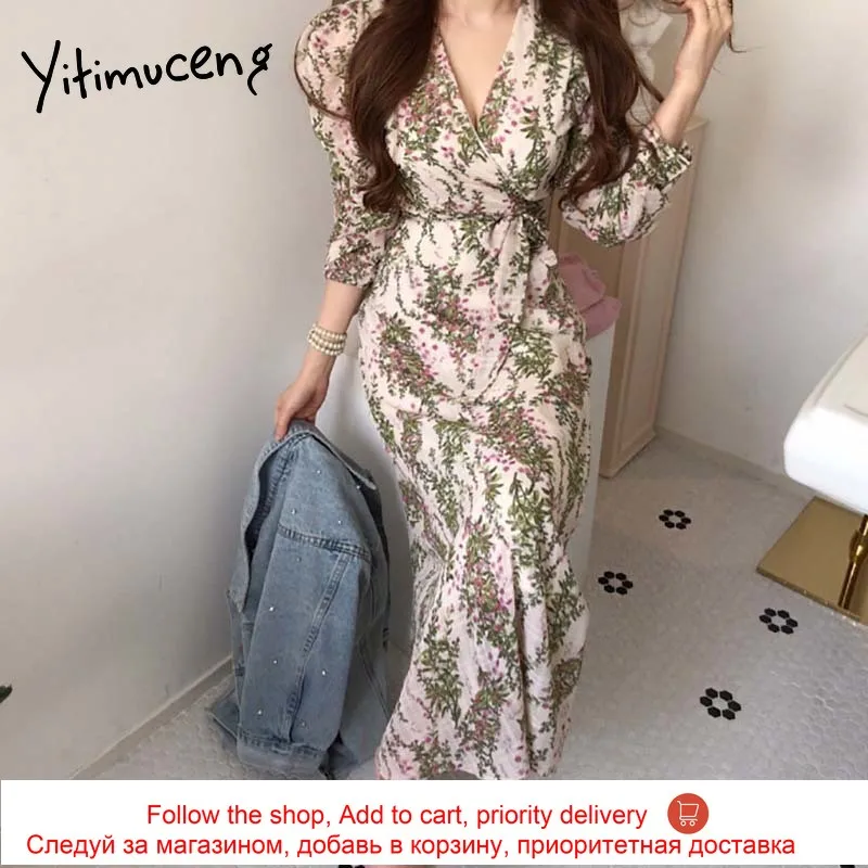 

Yitimuceng Floral Print Dress Women Bandage Midi Slim Long Sleeve Spring Summer 2021 Empire Elegant Boho Dresses Fashion New