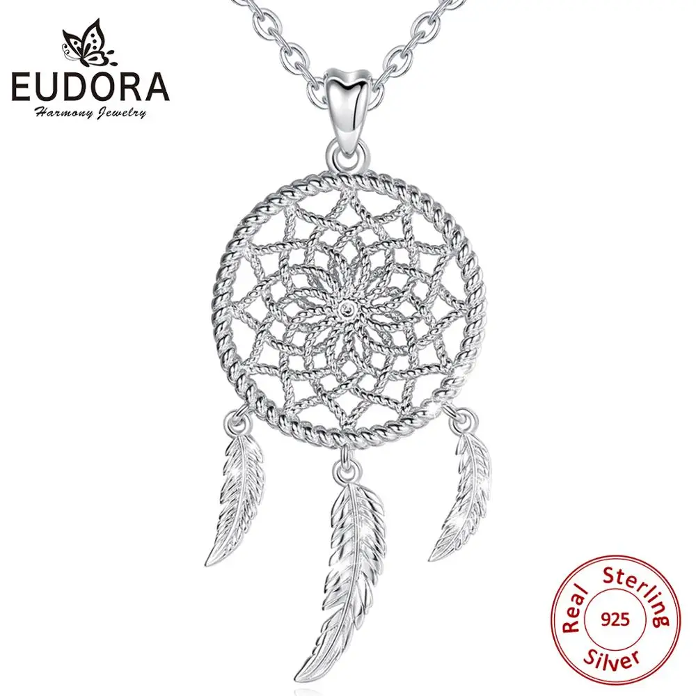 

EUDORA Sterling Silver Dream Catcher Necklace with Clear Cubic Zirconia and 3 feathers boho dreamcatcher jewelry for Women D422