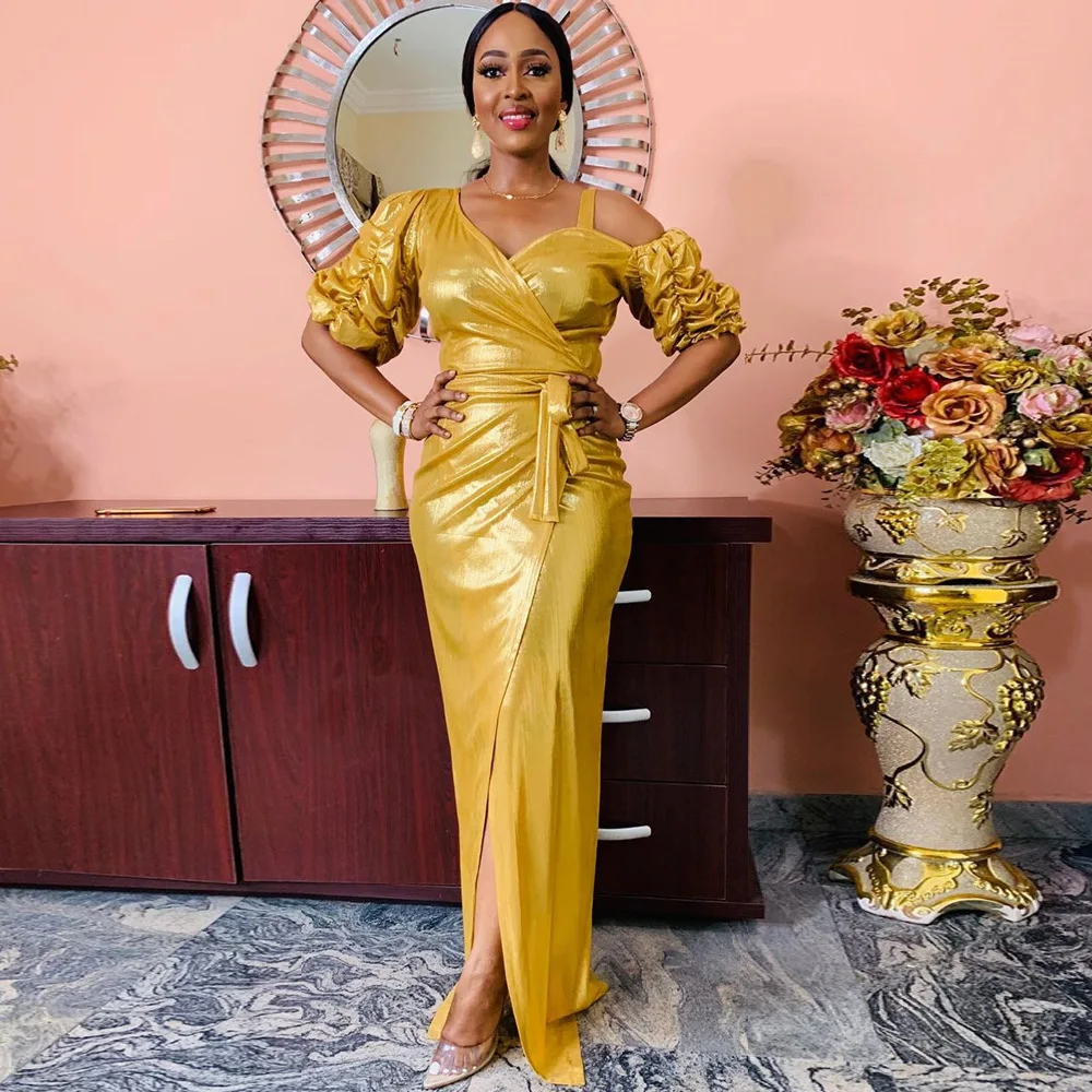 

Модные африканские платья для женщин свободного покроя с золотым тиснением длинное платье с разрезом для отдыха на природе с пышными рукавами сексуальное платье Африканское платье