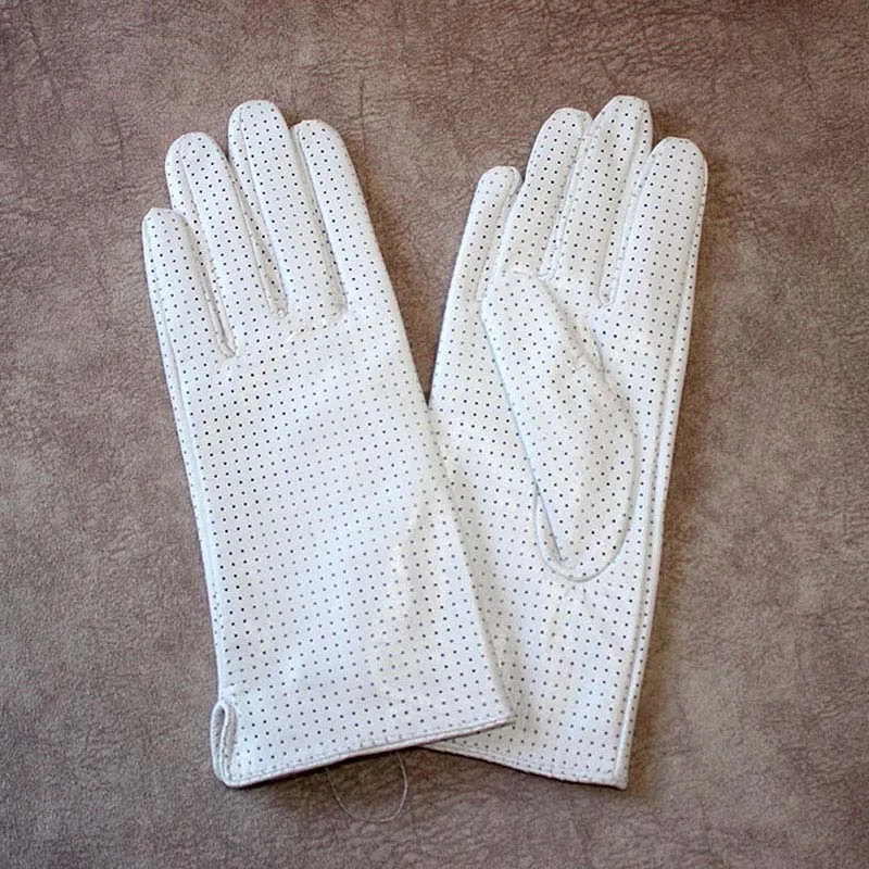 white Перчатки из козьей кожи женские весенние тонкие кожаные перфорированные стильные дышащие летние перчатки из овчины для вождения - Цвет: white