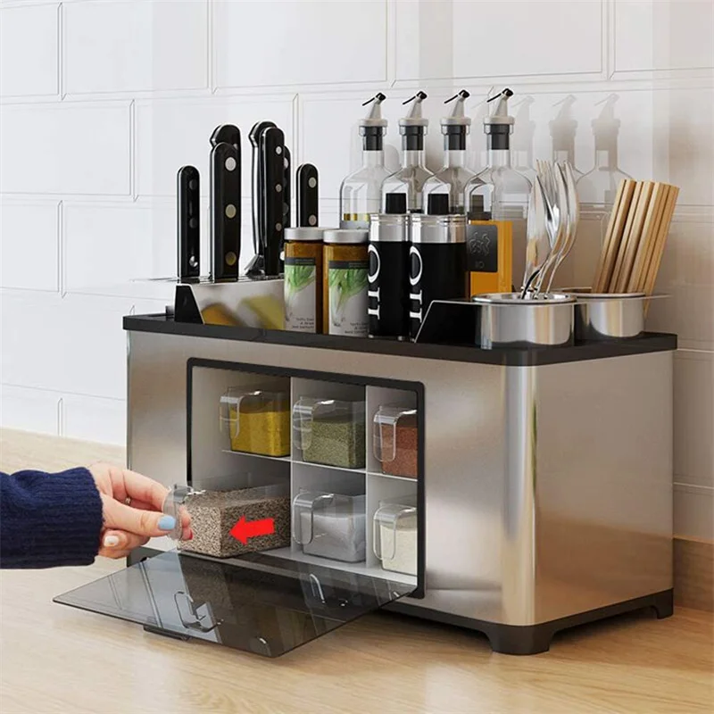 

Stainless Steel Kitchen Spice Storage Rack with Seasoning Jars Storage Box Kitchen Organizer Holder for Flatware Set Knife Space