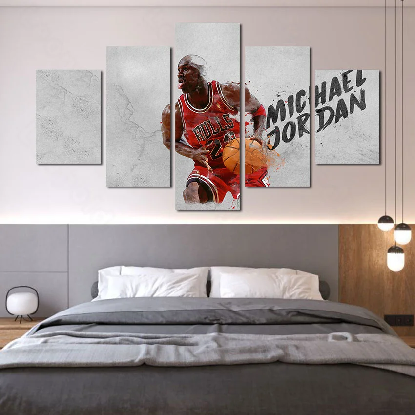 

Modern Style Murals Poster Canvas Painting Bed Home Decoration Prints 5 Pieces Red Player and Basketball Living Room Wall