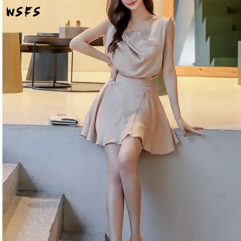 

2 Piece Set Summer Dress Chiffon Khaki Sleeveless Tops Bandage Bodycon Clothes Mini Aline Skirts Sexy Party Lady Women Dresses