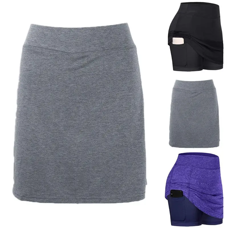 

Women 2-In-1 Active Tennis Skirts Inner Mesh Shorts Leggings with Pocket Stitching Elastic Sports Fitness Golf Skorts