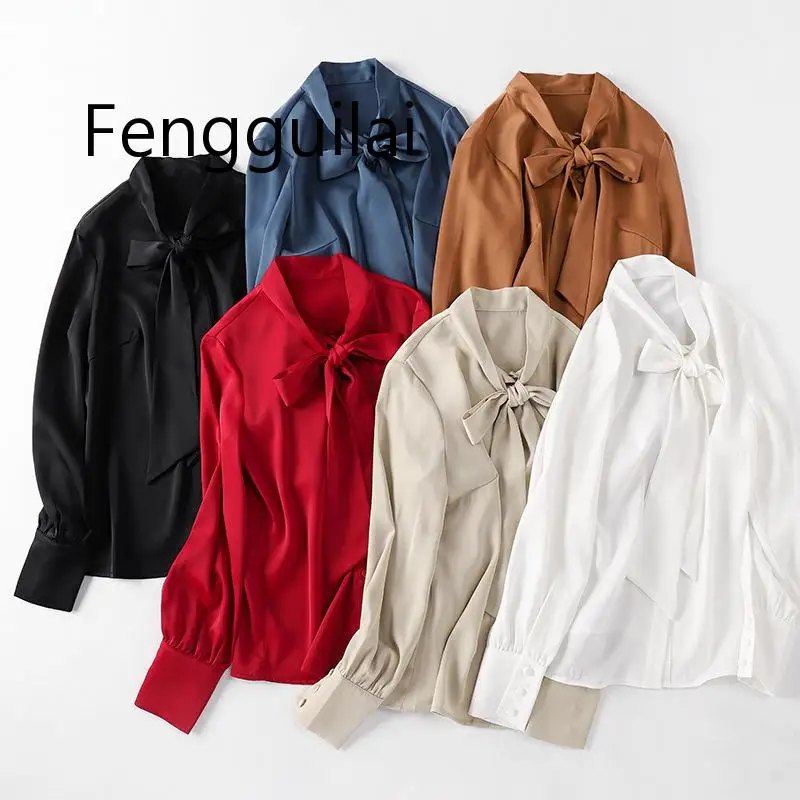 

2019 Female Long Sleeve Korean Shirt Office Lady Bow Tie Chiffon Shirt Women Dark Blue Ladies Tops Satin Blouse Plus Size Solid