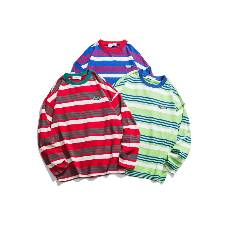 

Trendy Hip Hop Ins Long Sleeve Autumn 2020 New T-shirt Men and Women Couple's Korean-Style Striped Loose