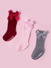 3 пары/Лот высокие носки до колена для новорожденных девочек мальчиков малышей банты с оборками Нескользящие испанские зимние теплые милые носки с захватами для младенцев