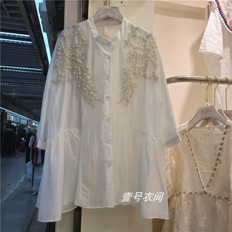 

Cakucool Women Pearls Beading Blouse Batwing Long Sleeve White Blouse Loose Korean Long Blusa Dress Shirts Women Plus size