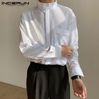 man casual pockets shirts korean style loose tops mens fashion stand collar shirts long sleeve solid color blouse incerun 5xl 7