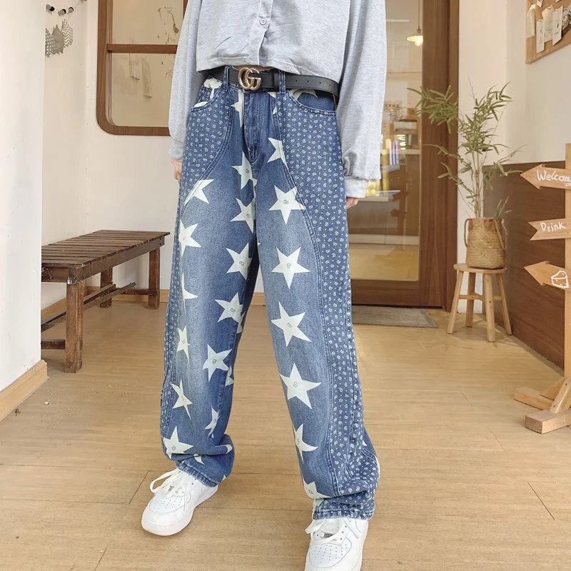 

Jeans Women Harajuku Streetwear Loose Wide Leg Straight Pants Cowboy Vintage Washed Star Print Stitching Hip Hop Denim Trousers