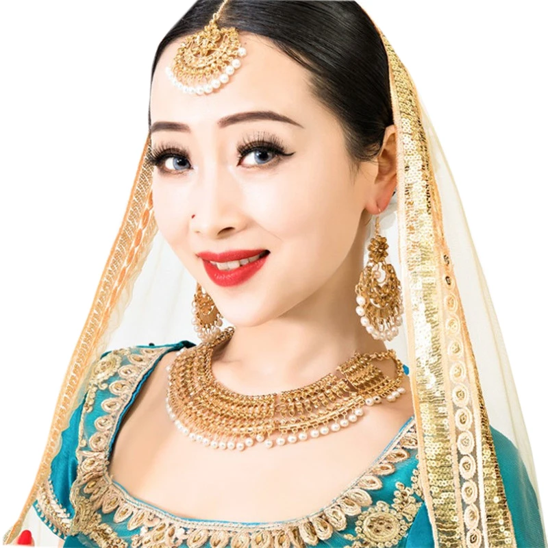 

Indian Bollywood Traditional Kundan polki Look Rhinestone Jewelry Necklace Set for Women in Gold Tone Belly Dance Costume Props