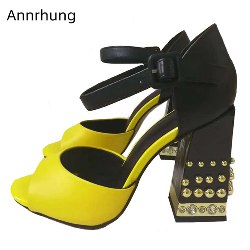 

Jeweled Rivet Square High Heel Sandals Women Ankle Strap Cover Heels Peep Toe Real Leather Summer Sandalias Mujer