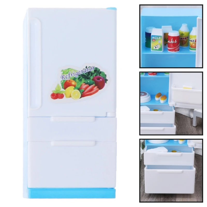 Refrigerator Play Set Doll House Fridge Freezer With Food Kid Toy | Kitchen Toys