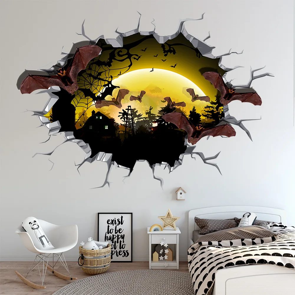 New Halloween Bat Castle 3D broken wall sticker living room bedroom decoration painting | Wall Stickers