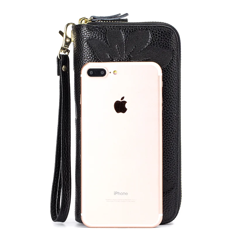 Women Wallet Double Zipper   First Layer Cowhide Large Capacity Long Clutch  Genuine Leather Purse New Mobile Phone Bag Wallet