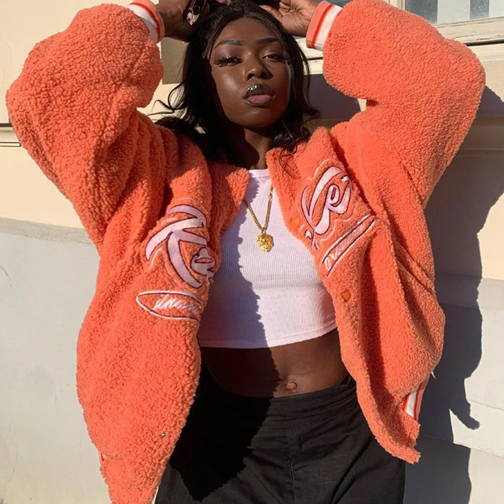 

Женская Повседневная куртка на хлопковом наполнителе, однотонная теплая Свободная куртка из овечьей шерсти с длинным рукавом и принтом, Ос...