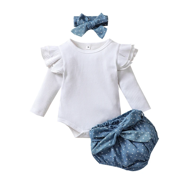 

Three Piece Infant Cute Baby Girl’s Clothes Fashion Long Sleeve Romper and Dot Denim Short Pants with Headband Clothes Newborns