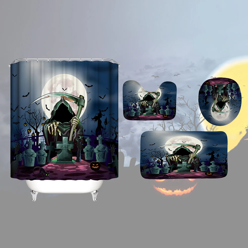 

4pcs 1 Set Graves Printing Shower Curtain Waterproof Bathroom Mat Set for Home Hotel